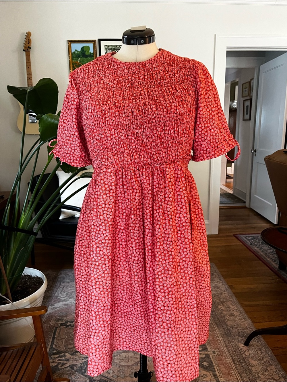 Women's Red Smocked Waist Short Sleeve Dress - Handmade